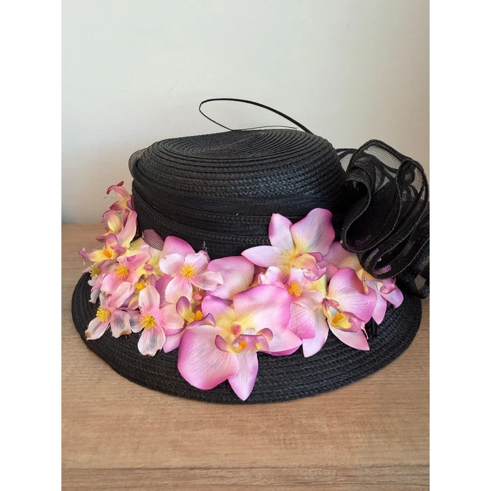 Giovannio New York Black Sun Hat Pink Orchid Floral Mesh Bow Kentucky Derby Hat